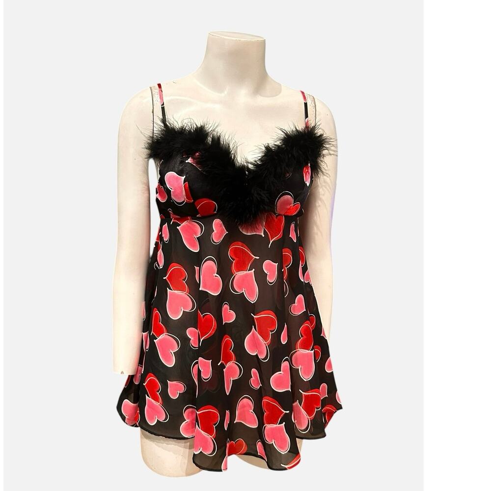 Y2K Feather Trim Babydoll Lingerie Seductive Wear Cinema Etoile Heart Print S -